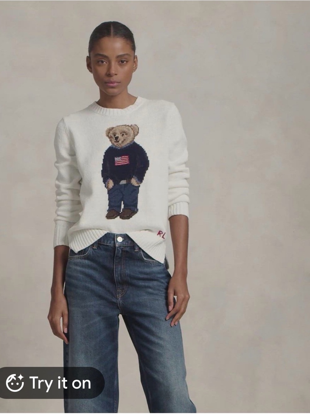 Ralph Lauren Cream Crewneck Sweater with Polo Bear Intarsia
